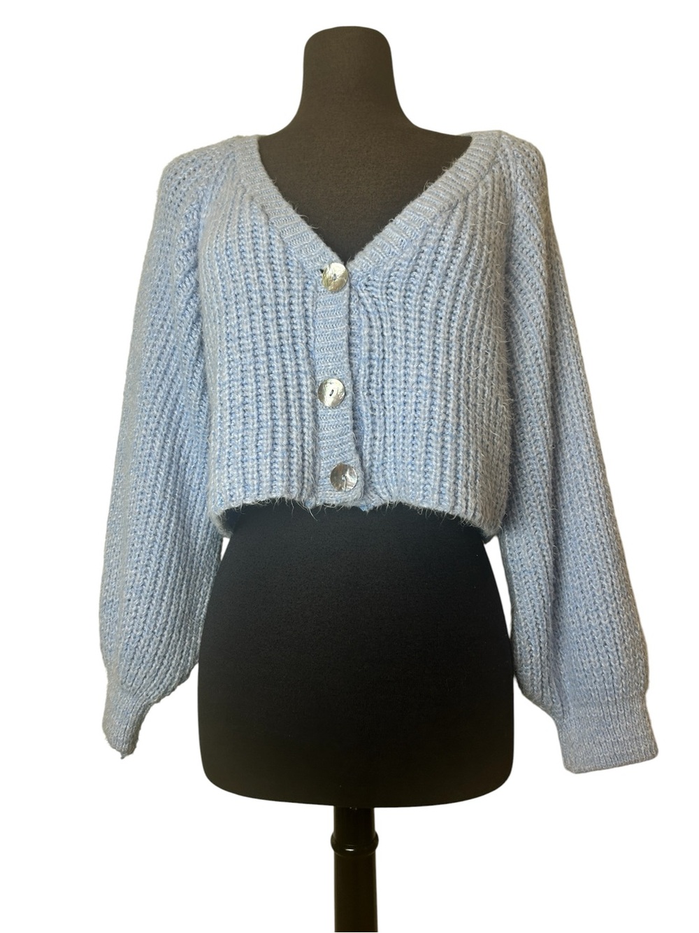 Nasty Gal Light Sky Blue Cropped Cardigan Pearl Button V‑Neck Sweater Small